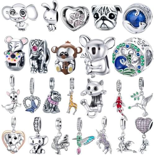 Fit original Pandora bracelet 925 silver animal collection beads elephant pug puppy cute green oriole fashion DIY charms jewelry
