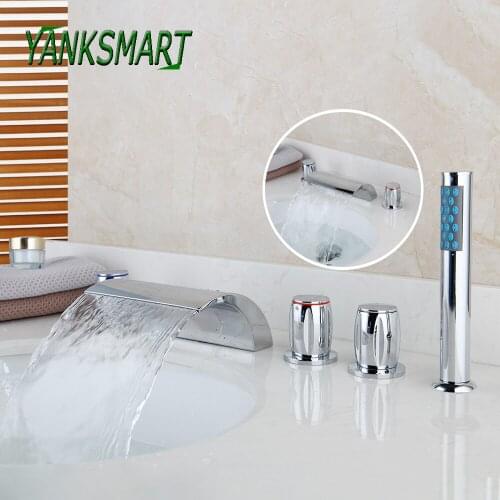 YANKSMART Luxury Chrome Polished 5 Pcs Set Bathroom Bathtub Deck Mounted Faucet 3 Handles Waterfall Basin Cold And Hot Mixer Tap