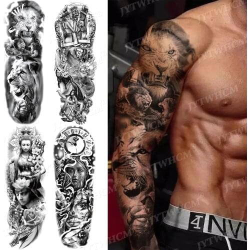 Large Arm Tattoo Sleeve Lion Crown King Leopard Waterproof Temporary Tattoo Sticker Wild Wolf Tiger Men Full Totem Eagle Tattos