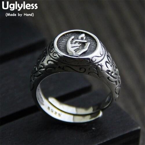 Uglyless Real S 925 Sterling Silver Buddhism Element Finger Rings Unisex Handmade Carved Buddha Hand Wide Ring Open Retro Bijoux