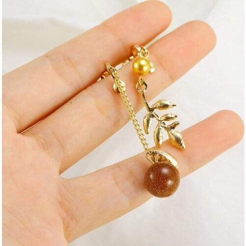 Exaggerated Net Red Temperament Personality Asymmetrical Womens Leaves Red Beads Without Ear Holes Convenient Ear Clip