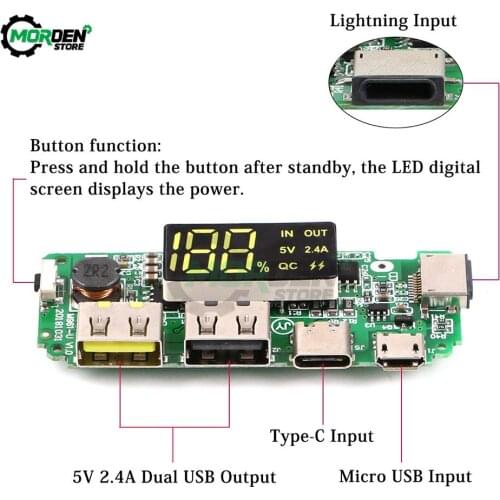 LED Dual USB 5V 2.4A Micro/Type-C USB Mobile Power Bank 18650 Charging Module Battery Charger Board Circuit Protection Dropship