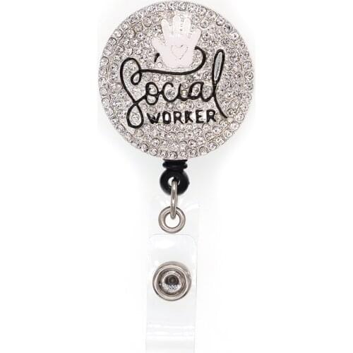 New Arrival Social Worker Rhinestone Retractable Id Badge Holder Reel