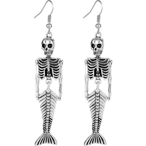 2019 New Design Punk Silver Skull Earrings For Women Man Vintage Retro Mermaid Skeleton Drop Dangle Earrings Halloween Jewelry