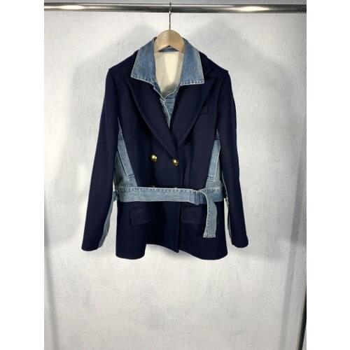New ladies fashion 2021 suit denim gold buckle woolen jacket + side pleated stitching half skirt 2-piece set 1012