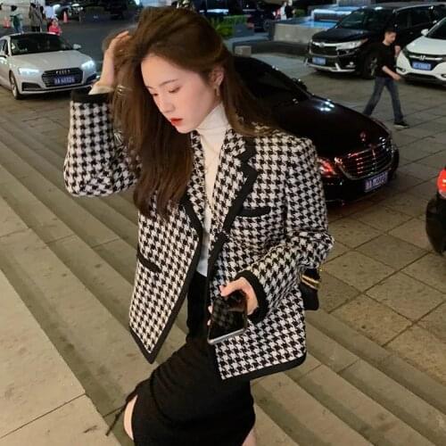 Retro Houndstooth Blazer Jacket Women Spring Autumn Korean Notched Collar Long Sleeve Wool Coat Office Lady Elegant Suit Outwear