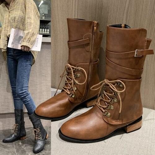 Winter Snow Boots Women Shoes Ladies Western Boots Square Heel Rivets Shoes Lace Up Rome Middle Tube Boots Knight Shoes 35-43