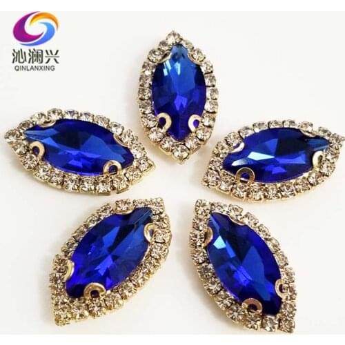 Gold bottom Royalblue Top grade Glass Crystal buckle, eye shape sew on rhinestones with holes,Diy/jewelry accessories SWEKG10