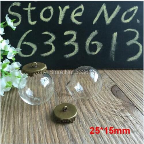 100sets/lot 25*15mm Glass Globe bronze Crown with ring Pendant Locket Charm wide opening glass Bottle, glass vials pendeants