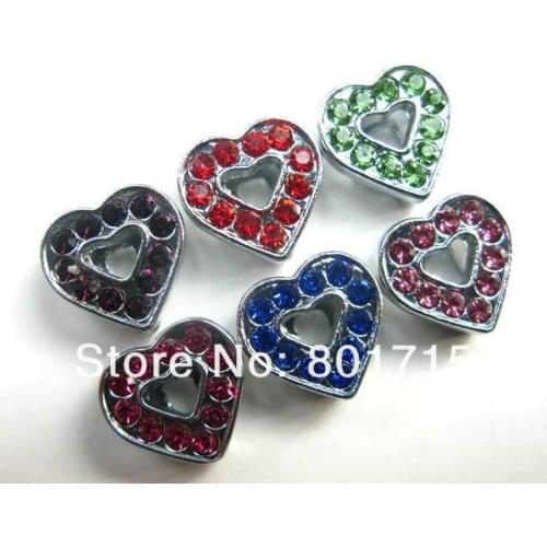 8mm 100pcs Mix Color Full Rhinestone Heart slide Charms can through 8mm Belt Pet Collar Wristband
