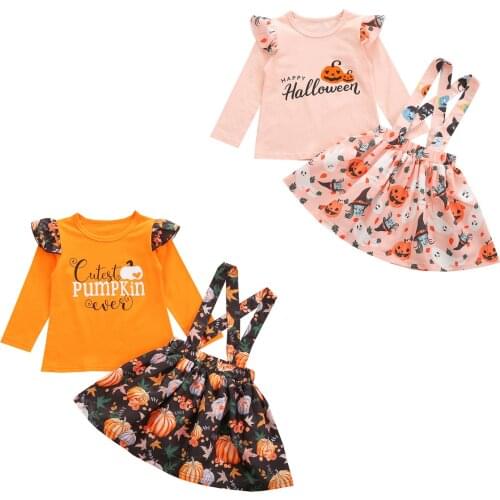 2021 Cute Kids Baby Girl Halloween Clothing Set Fly Long Sleeve Letter Print T-shirt Top+Pumpkin Straps Skirt Sweet Toddler 2pcs