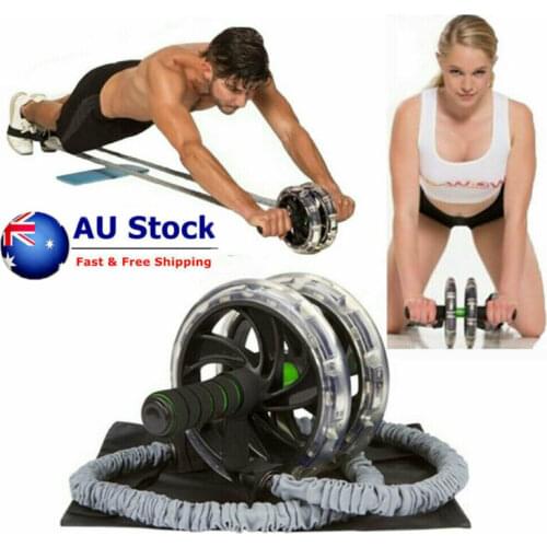 2PC Double Wheels AB Roller Pull Rope Waist Abdominal Slimming Equipment Fitness