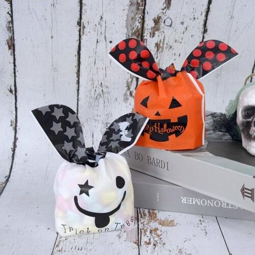 25pcs Halloween Candy Bag Cute Rabbit Ear Bags Plastic Biscuit Handbag Snack Package For Children Halloween Decoration Supplies
