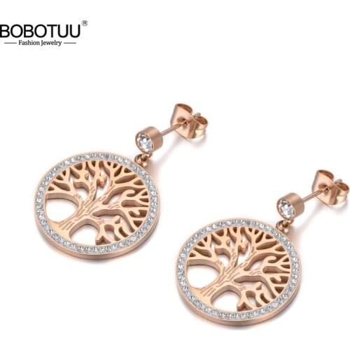 BOBOTUU Office Style Stainless Steel Flowers Tree Stud Earrings Jewelry Trendy Clay CZ Crystal Plant Earrings For Women BE19277