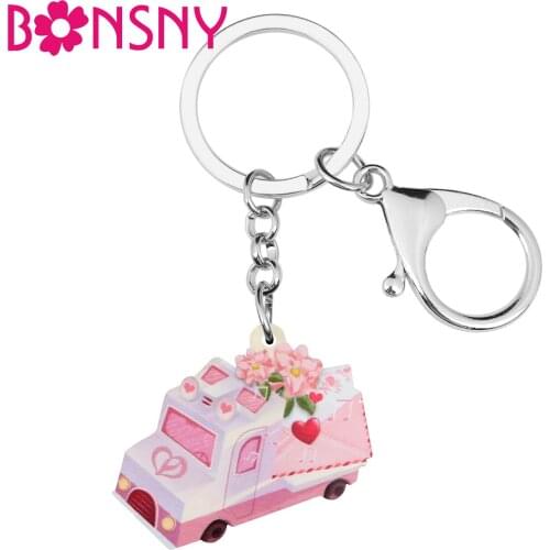 BONSNY Valentines Day Acrylic Sweet Pink Love Flowers Car Keychains Novelty Key Chain Jewelry For Women Girl Teens Gifts