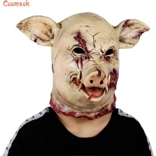 Cosmask Horror Pig Animal Mask Latex Pig Mask Halloween Costume Scary Electric Saw Pig Mask Full Head Horror Evil Animal Prop