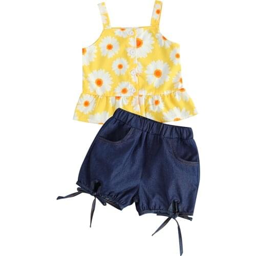 Children Girls Clothes 0-5Y Summer Fashion Kid Baby Girls Flowers Printed Ruffles Sleeveless Vest Tops+Denim Shorts
