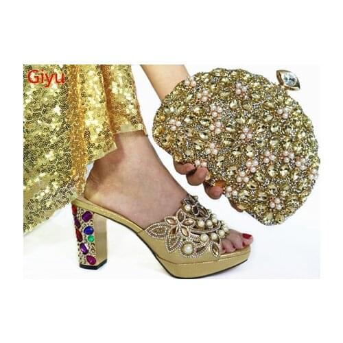 Doershow 2019 latest African Wedding Shoes and Bag Set gold Color Italian Shoes with Matching Bags Nigerian Women party!SAC1-3