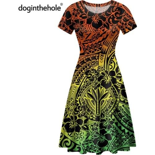 Doginthehole Gradient Hibiscus Print Elegant Women Midi Dress Polynesian Tribal Printed Short Sleeve Casual Evening Party Dress