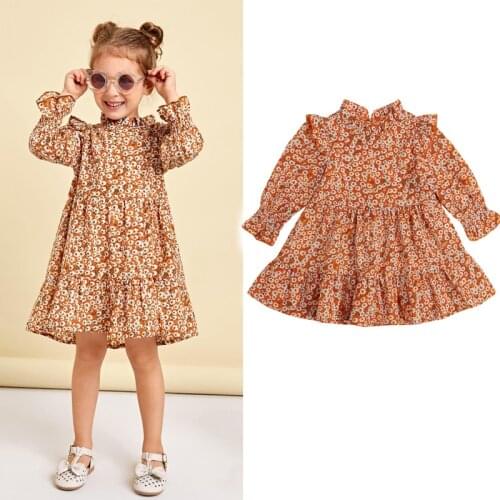 FOCUSNORM Spring Autumn Kids Girls Sweet Dress Outfits 2-7Y Floral Printed Long Sleeve Ruffles A-Line Dress