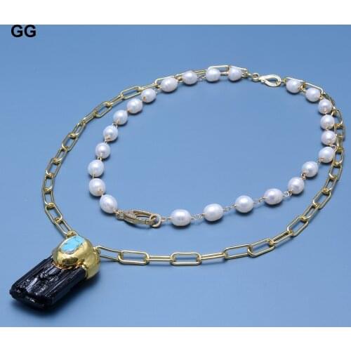 GuaiGuai Jewelry Natural Freshwater White Rice Pearl Chain Statement Necklace Black Tourmalines Rough Pendant 18" For Women