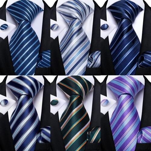 New Formal Ties Classic 100% Silk Blue Striped Necktie Handkerchief Cufflinks Gift For Men Wedding Tie Cravate Gravatas DiBanGu