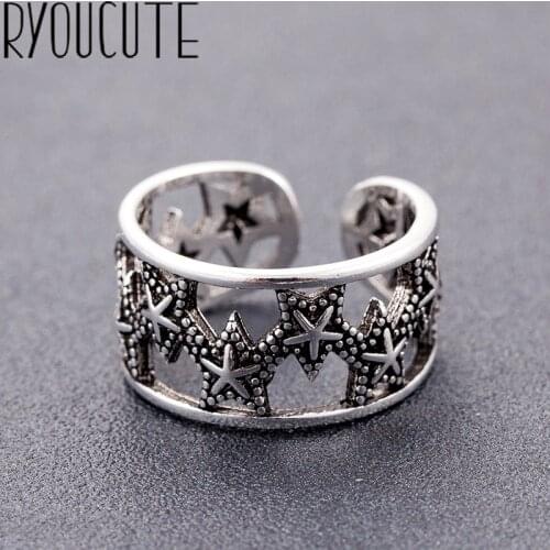Bohemian Big Real Silver Color Star Hollow Rings for Women Jewelry Punk Vintage Antique Finger Engagement Ring Party Gift
