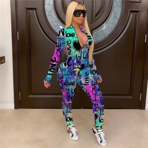 2021 newest Womens Sexy Letter Printed Jumpsuit Streetwear Slim Long Sleeve Zipper Print Slim Fit Romper Jumpsuit for Women