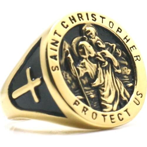 New Arrival Saint Christopher Protect Us Cross 316L Stainless Steel Ring