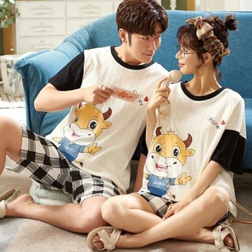 Cartoon Avatar Kawaii Women Sleepwear Fashion Simple White Couple Pajamas Set Plus Size 3XL Summer Short Sleeve Cotton Homewear