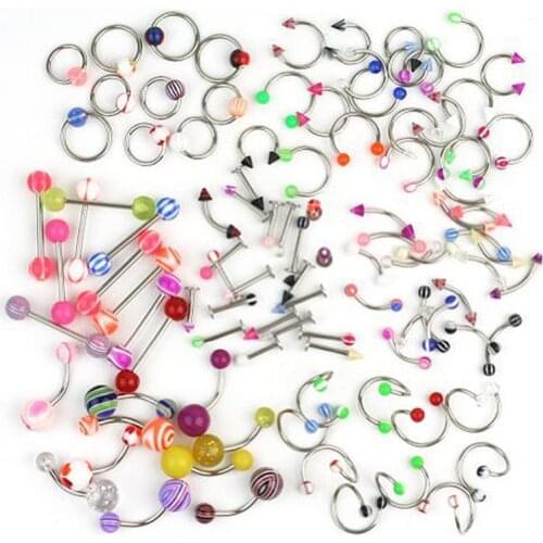 A Set of 100pcs Assorted Acrylic Tongue Lip Labret Navel Belly Eyebrow Rings Bars Barbell Body Piercing Jewelry (Random Color)