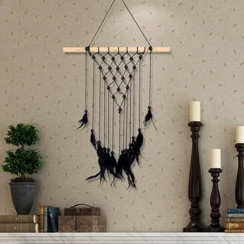 D Macrame Wall Art Handmade Cotton Wall Hanging Tapestry Black chicken feathers Bohemia woven wall tapestries, boho home decor