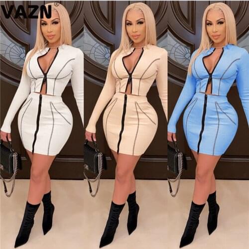 VAZN 2020 New Women Striped V-neck Elegant Lady Set Outdoor Clothing Suit Women Full Sleeve Tracksuit