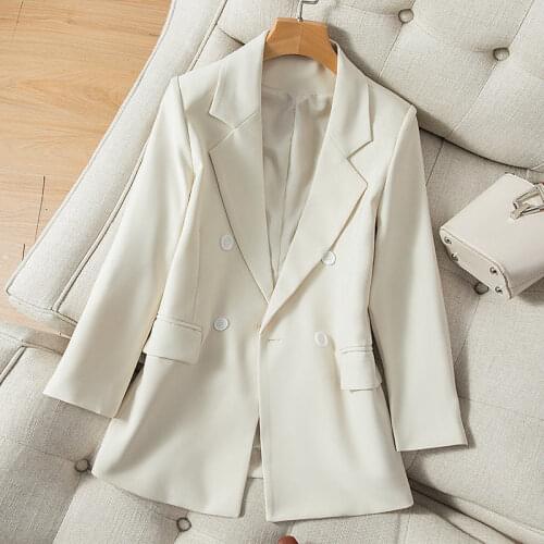Womens Temperament Suit Jacket Spring Autumn 2021 New Solid Color Double-Breasted Ladies Loose Plus Dize OL Blazer Coat aq054