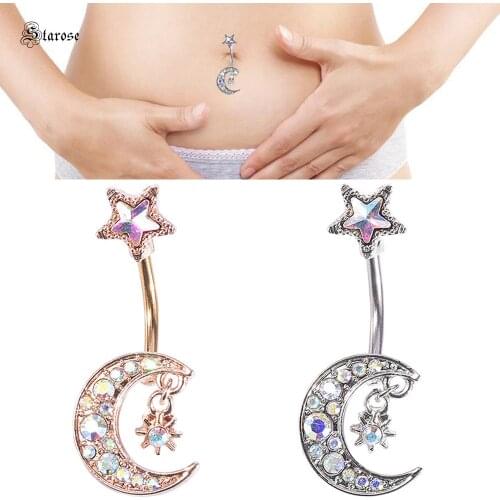 Staros Sexy Women Crystal Moon Star Belly Piercing Nombril Rose Gold Barbell Earrings Navel Ring Belly Button Rings Ear Jewelry