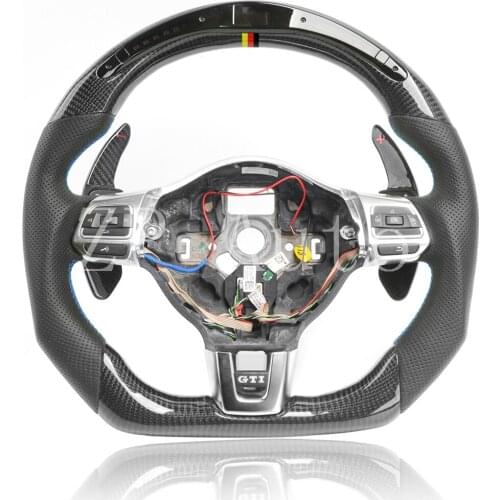 For Volkswagen MK6 GTI R Carbon Fiber And Perforated Leather Steering Wheel With German Tricolor Mark Button And lLed Assembly