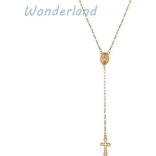Sparkly Cross Pendant Necklace Long Imitation Chain Rosary Madonna Coin Necklaces Pendants Religious Jewelry