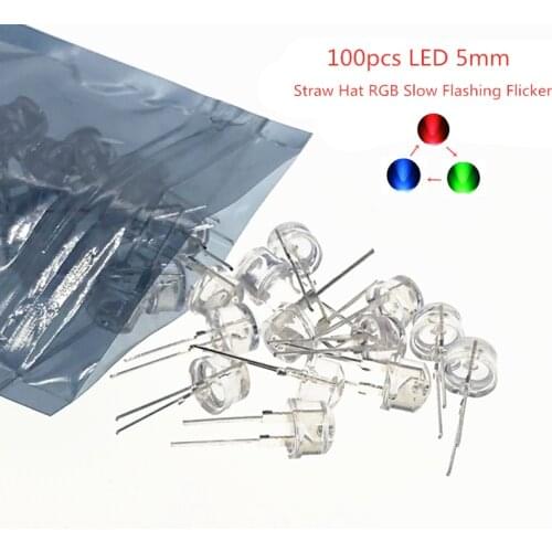 100pcs LED 5mm Straw Hat RGB Slow Flashing Flicker Transparent Tri-Color Red Green Blue 20mA 3V 5 mm Light Emitting Diode Lamp