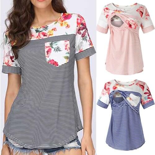 Maternity Top T-shirt Summer Short-sleeved Stripe Printing Nursing Clothes Maternity Casual Top Pregnancy T Shirts for Pregnant
