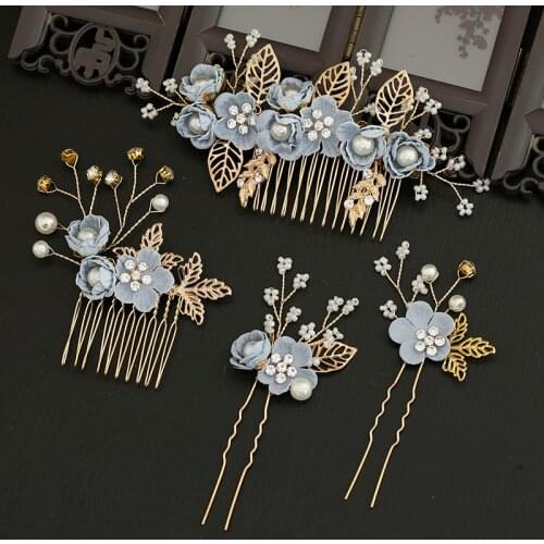 Blue Flower Hair Combs Hairpins Clips Hair Sticks Crystal Pearls Headbands for Women Bride Noiva Wedding Hair Jewelry FORSEVEN