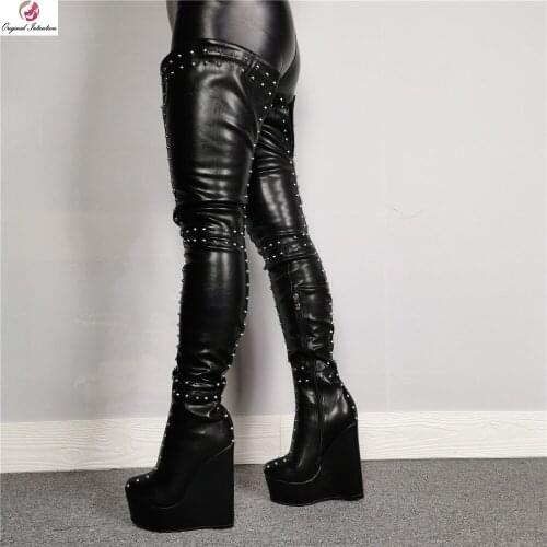 Original Intention New Extrem High Wedges Super High Platform Thigh High Boots Woman Black Rivets Sexy Long Boots Party Shoes