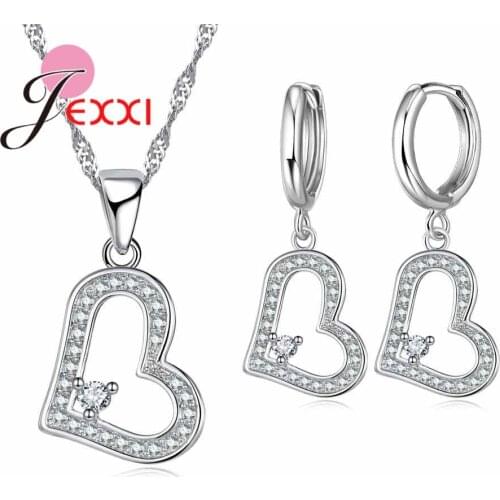 New Creative Hollow Heart Jewelry Set Elegant Famle Bijoux Gifts 925 Sterling Silver Crystal Necklace/Pendant/Earrings Set
