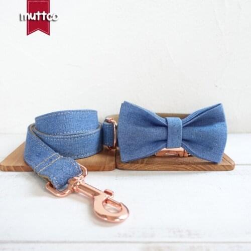MUTTCO retailing self-design collar THE JEAN handmade collar mazarine and brown 5 sizes dog collar or leash with bow tie UDC035M
