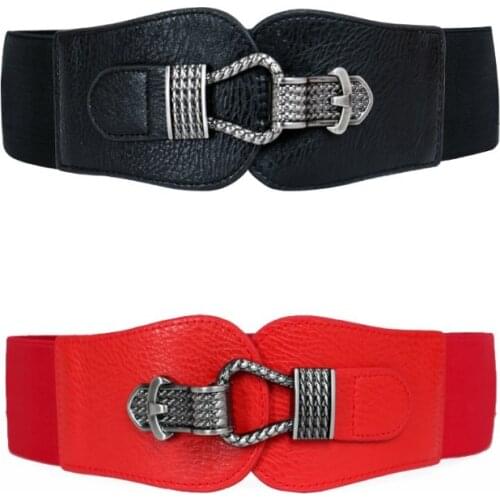 Women Wide Elastic Waistband Vintage Girdle Big Buckle Belt Red Stretchy Decorative Belts For Dress Cummerbunds PU Leather Black