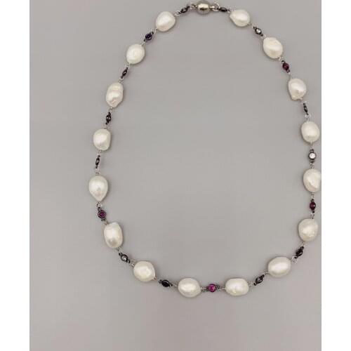 FoLisaUnique 9-10mm White Baroque Pearls Necklace For Women Birthday Gift Cubic Zirconia Pewter Choker Necklace Casual Jewelry