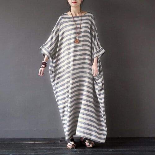 Women Cotton Linen Striped Dress 2021 Summer Loose Plus Size 4XL 5XL Maxi Dress robe femme Casual Long Boho Kaftan Muslim Dress