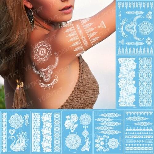 1PC Fashion Flash Waterproof Tattoo Women White Ink Henna Tatto Jewel Lace Flower Bride Tatoo Mandala Temporary Tattoo Sticker