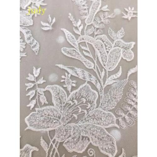 5yards White embroidery lace sequined beads fashionable European and American style fabric used for wedding dress design