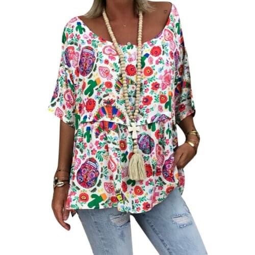 80%HOT Plus Size Casual Flower Print Women 3/4 Sleeve Round Neck Loose T-Shirt Top