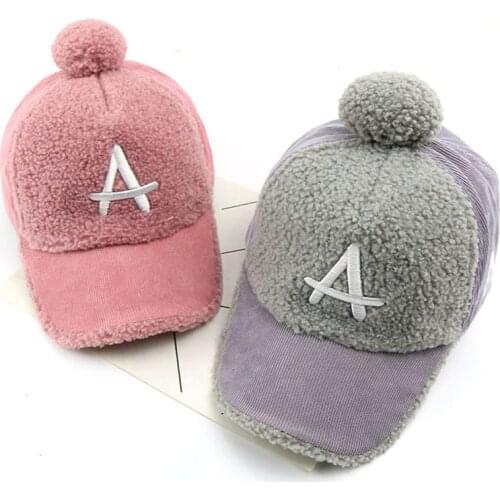 Baby Baseball Hat Boy Girls Hats ABC Letter Print Cute Newborn Children Corduroy Cap Pompom Kids Autumn Winter Caps 3-8 Y